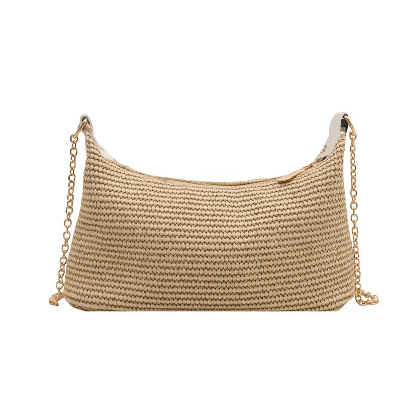 Women's woven straw crossbody bag with phone compartment in khaki colour