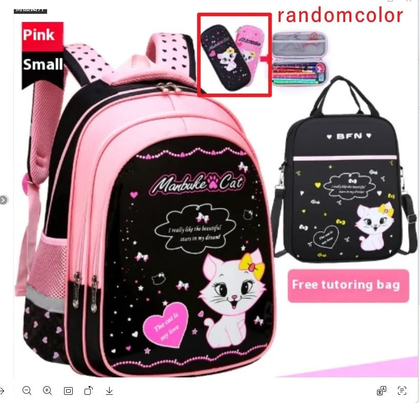 Kids school cute cat print nylon backpack with load-reducing design and computer pocket in pink and black colourway.
