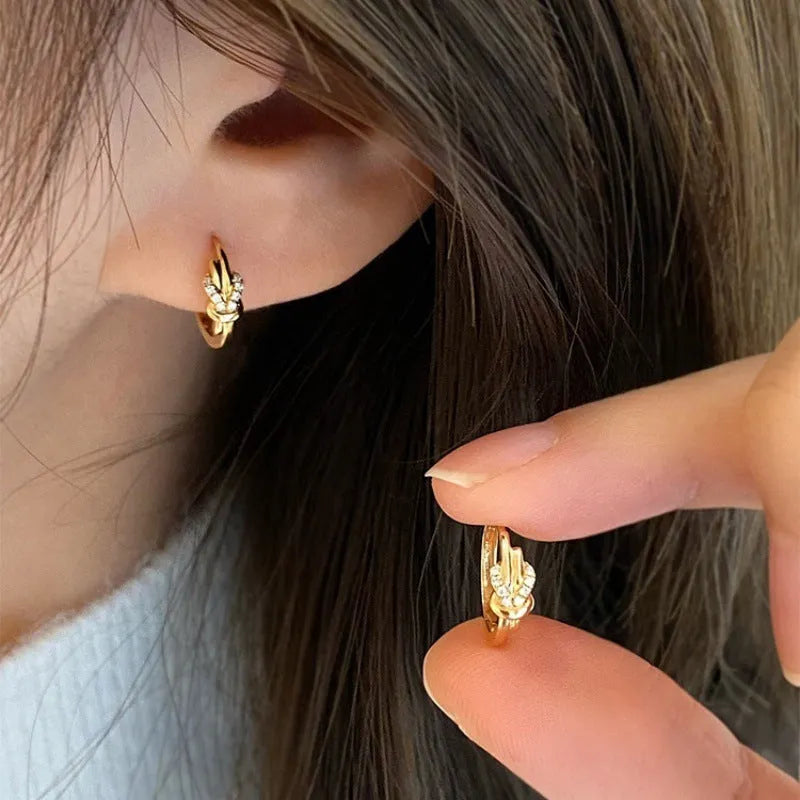 Gold copper vachette clasp earrings for women with geometric inlaid zircon stones and real gold finish