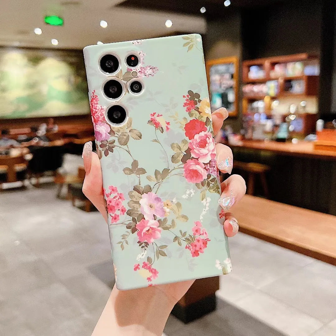 Vintage flower crossbody silicone phone case for Samsung S23 Ultra in green and blue with lanyard