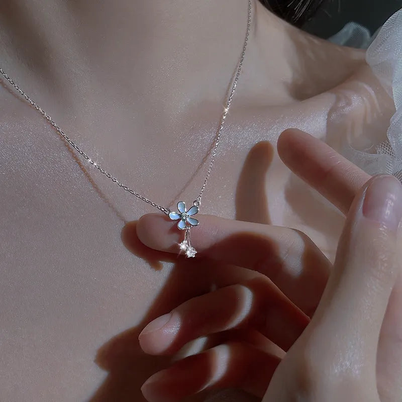 S999 pure silver flower pendant necklace with white nano anti-oxidation finish on cross chain
