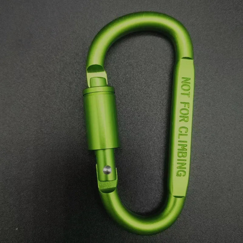 Silver D-shaped aluminium locking carabiner with an 8cm profile on a grey background.