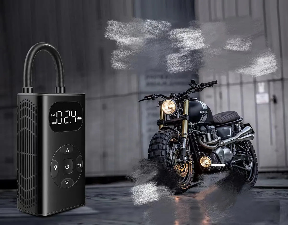 Black M09X portable air compressor power bank with digital pressure gauge and USB cable, 12x6.5x4.2cm aviation material