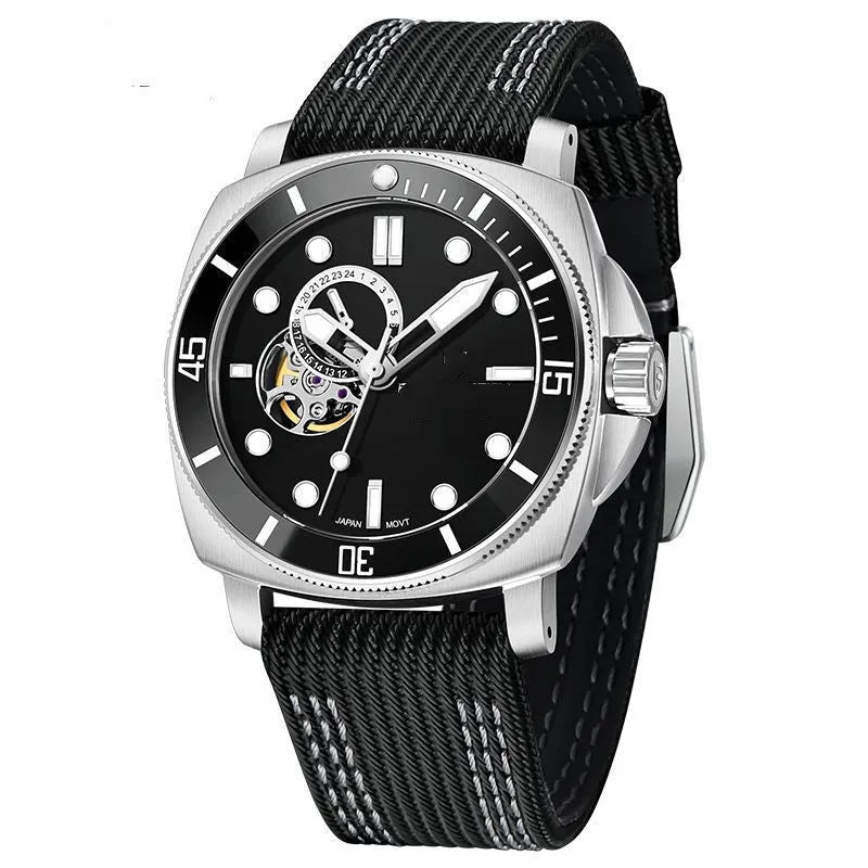 Fully automatic mechanical sports watch with black nylon leather strap, 43mm dial, night light, and calendar display