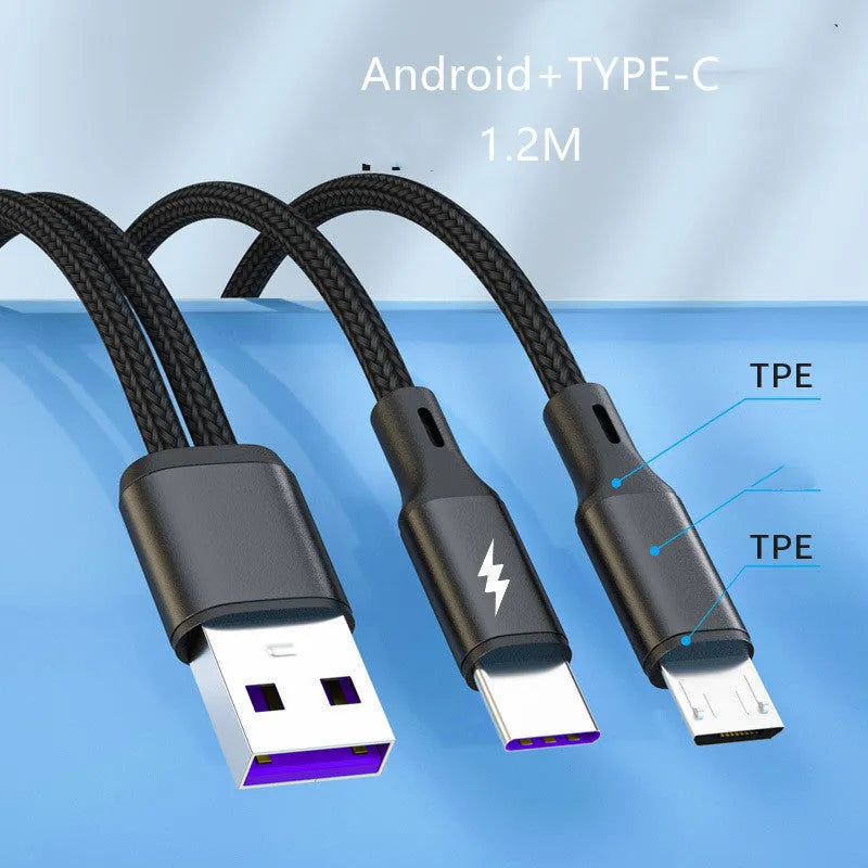 Black braided fast charging cable with dual Android heads for simultaneous device charging