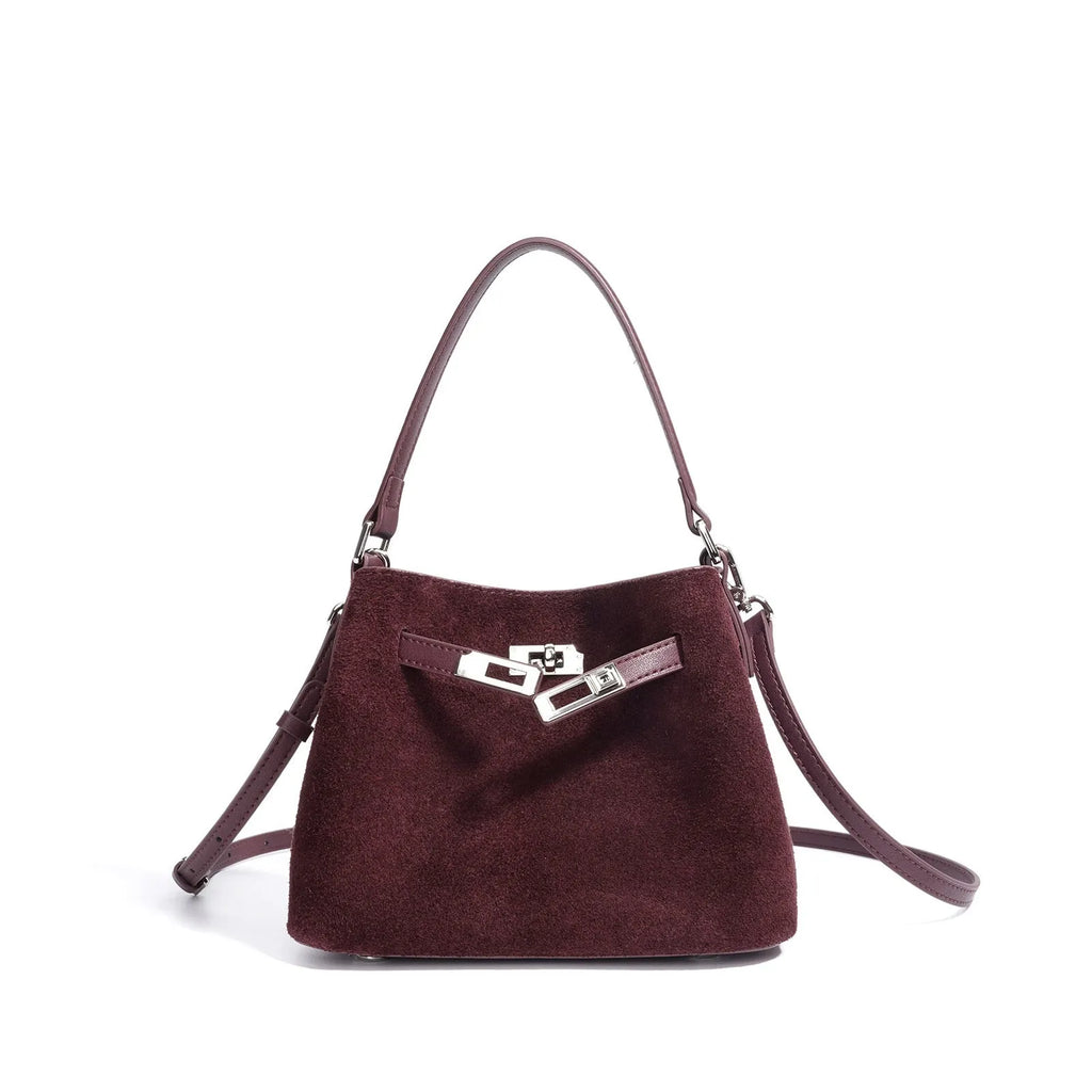 Cortical women's spliced casual crossbody bag in calf brown genuine leather suede vertical square shape with document pocket