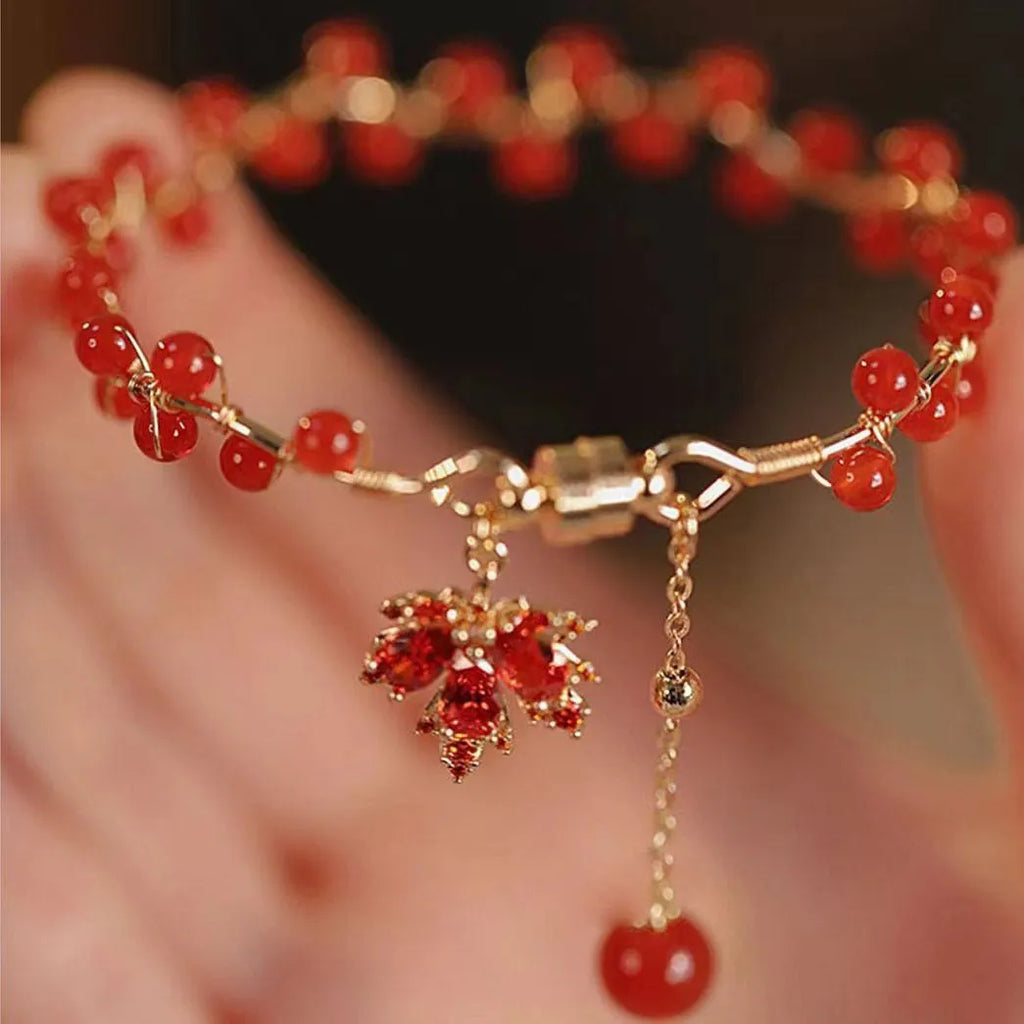 Red Chinese style magnetic therapy bracelet with maple leaf and ginkgo leaf alloy design