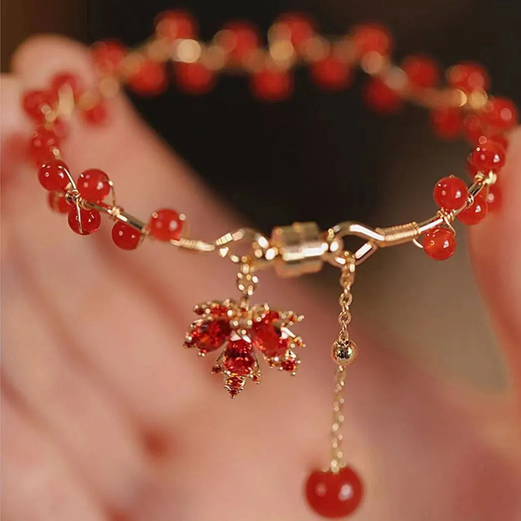 Red Chinese style magnetic therapy bracelet with maple leaf and ginkgo leaf alloy design