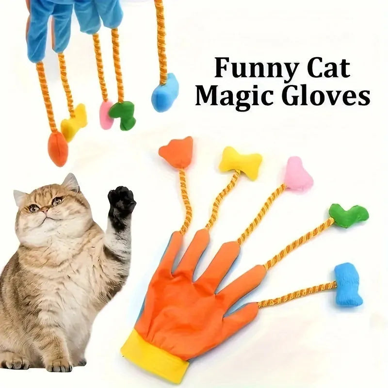 Yellow and blue plush magic glove cat toy with bell and trailer measuring 40cm long