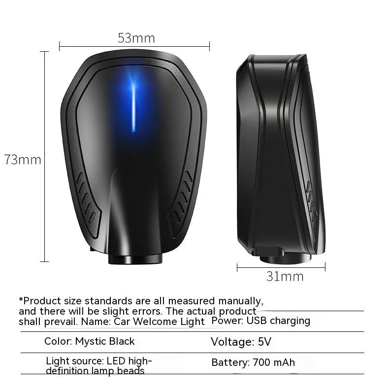 F2 rechargeable wireless car welcome light in black ABS plastic housing