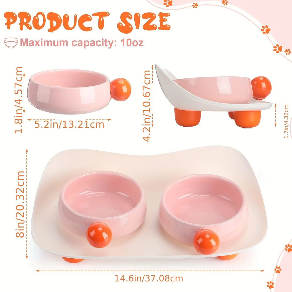 Elevated ceramic pet feeding bowl with two compartments and a non-slip base in a choice of colours.