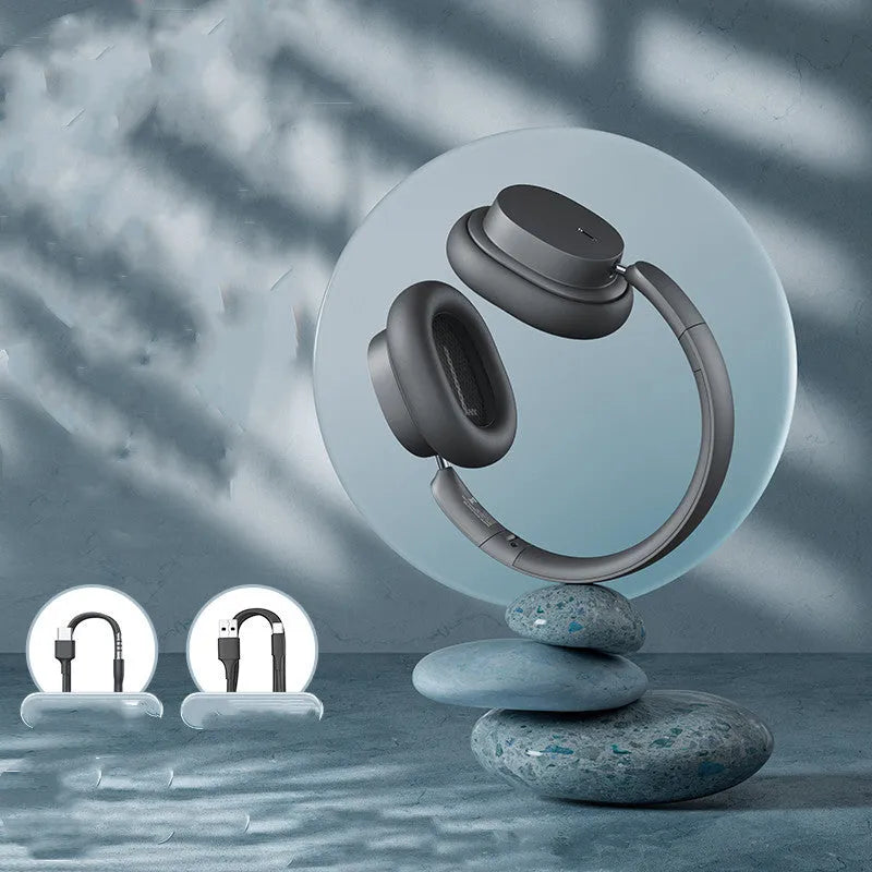 Beige or grey Bluetooth head-mounted earphones with Type-C charging port
