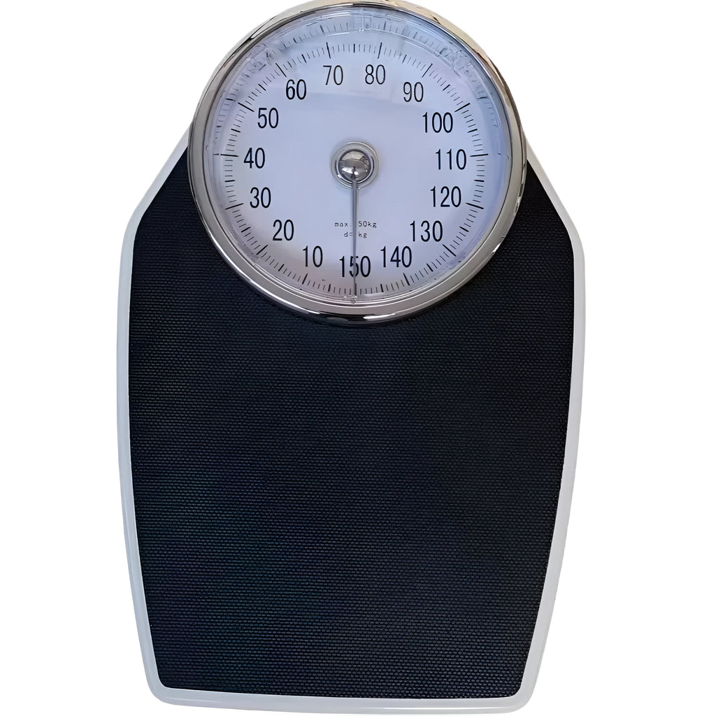 Large dial mechanical pointer body weight scale in black, 47x35x11cm, on bathroom floor