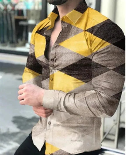 Men's printed polyester shirt cardigan in grey red, long sleeves, street tide style, available in sizes S to 4XL