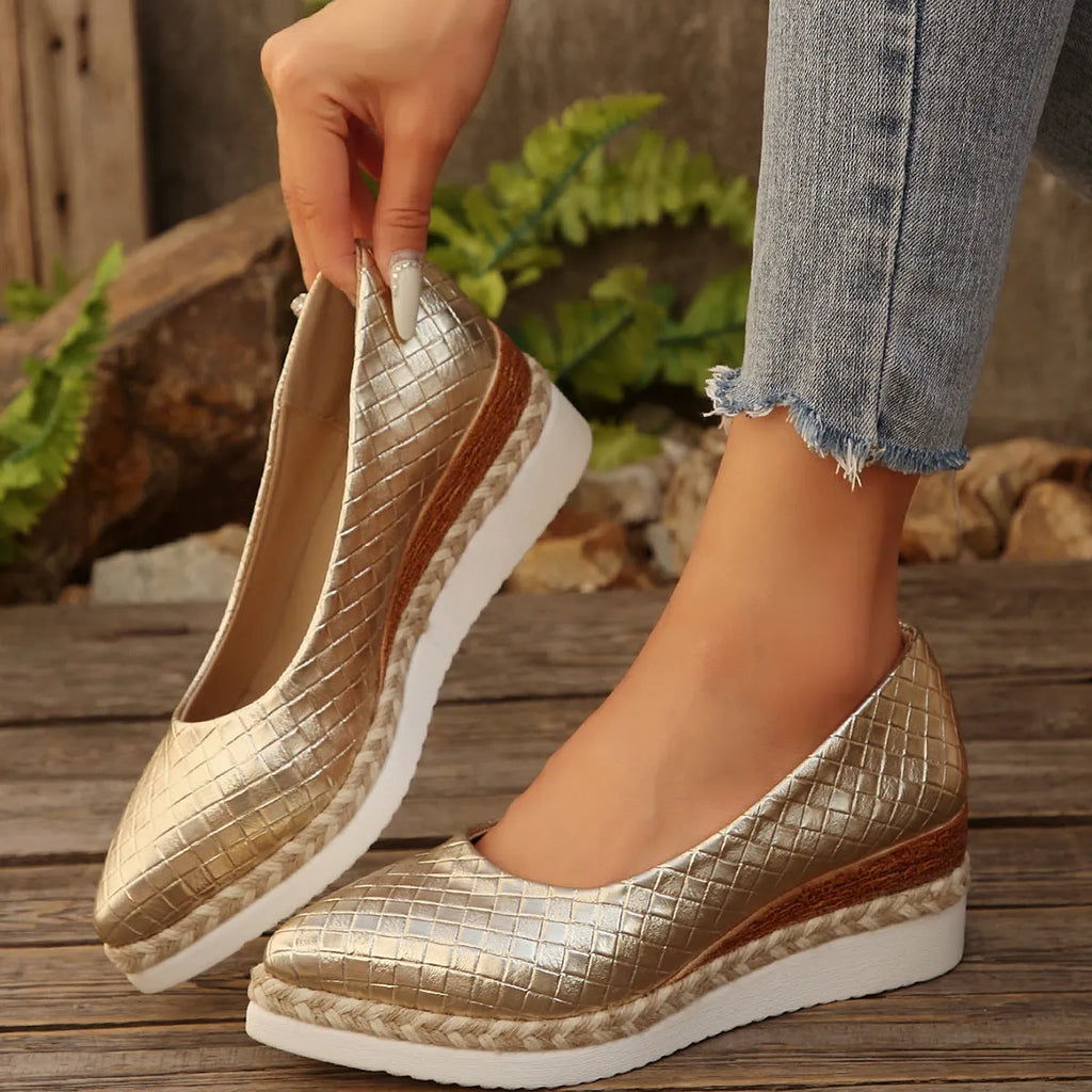 Women's pointed toe wedge platform shoes in black, low-cut casual high heel design