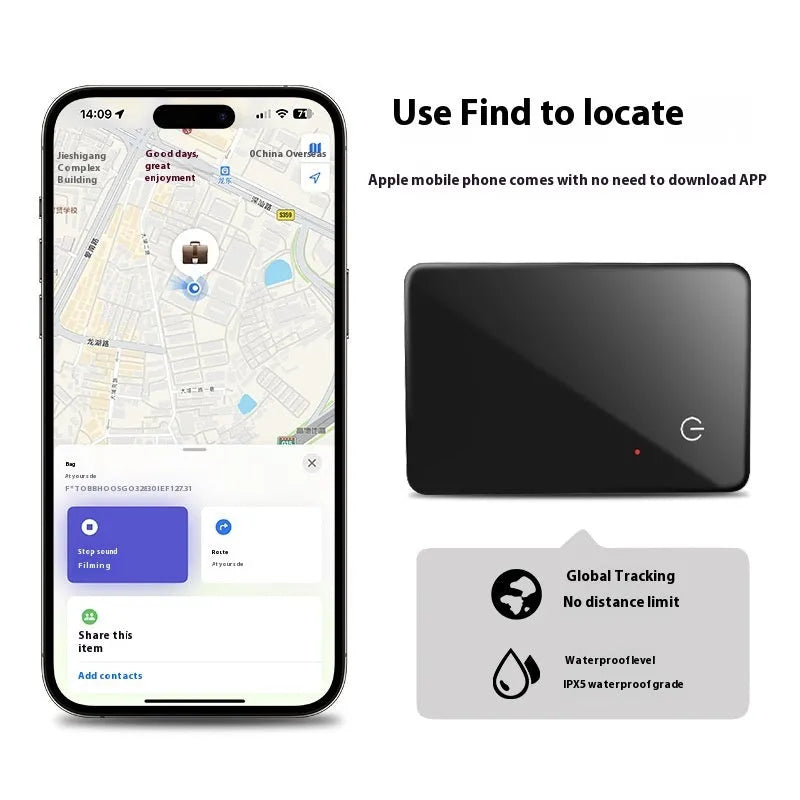 Black NFC pet tracking card with wireless charging, measuring 85mm by 54mm with hanging hole