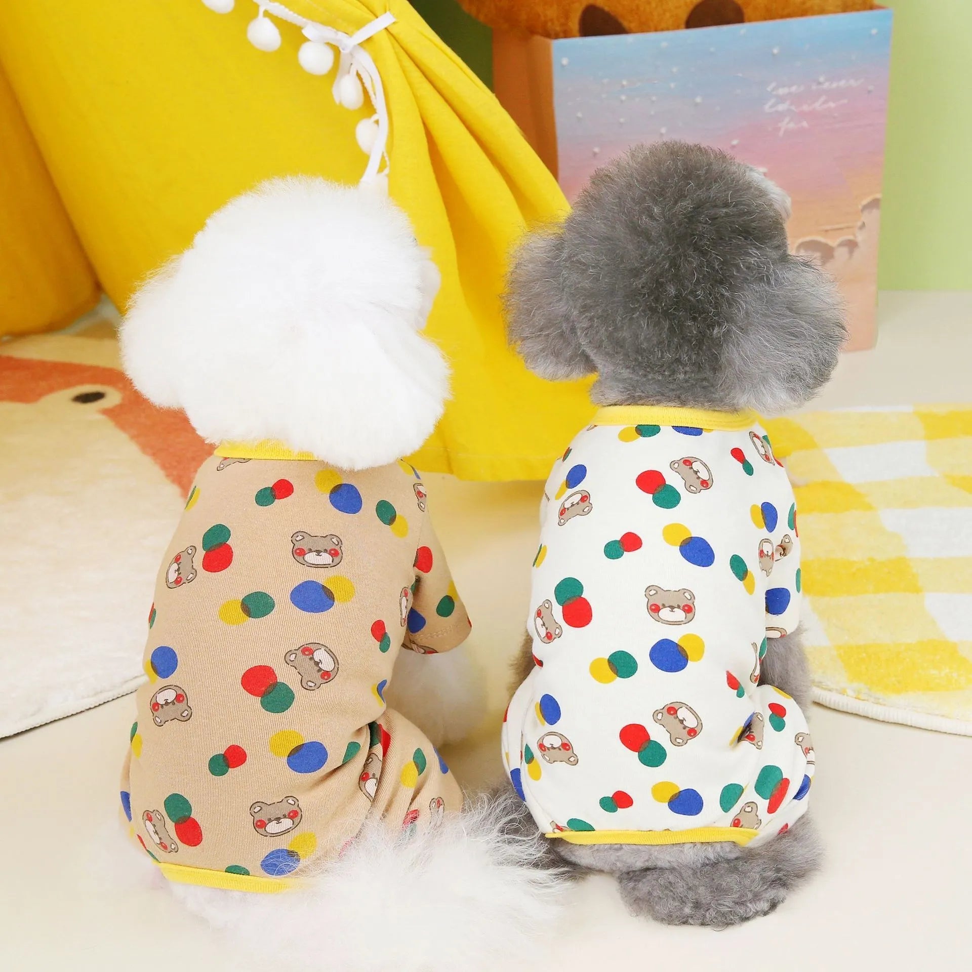 Beige dog clothing with colourful ball bear print, cotton spandex casual pet clothes