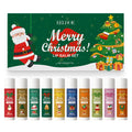Christmas limited lip balm set with ten flavours in cardboard packaging, including vanilla, blueberry, honey, coconut, watermelon, aloe, strawberry, ginger, peach, and orange.