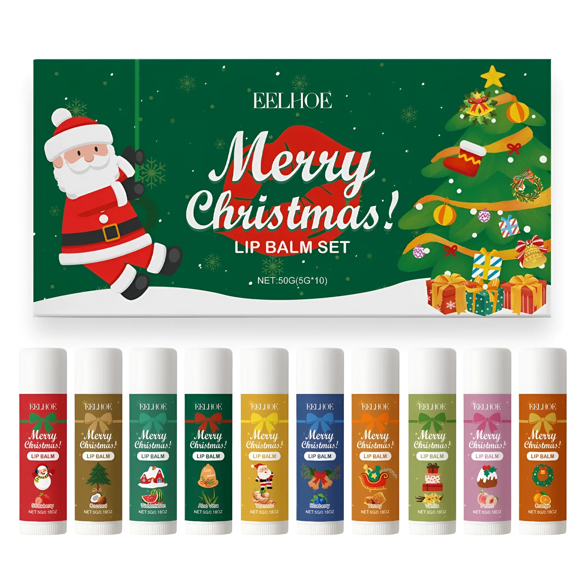 Christmas limited lip balm set with ten flavours in cardboard packaging, including vanilla, blueberry, honey, coconut, watermelon, aloe, strawberry, ginger, peach, and orange.