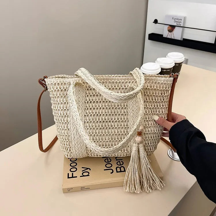 Women's straw woven crossbody shoulder bag in milky white or khaki colour with large capacity