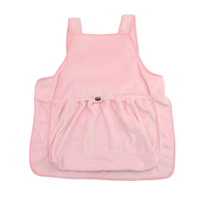 Plush pet carrier apron with adjustable neck strap and sleeping pocket for small cats and dogs
