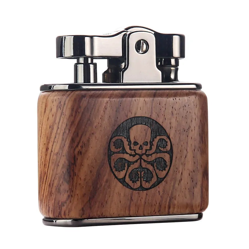 Wooden retro kerosene lighter in Ebony finish with compact 53x50x20mm size and gift box