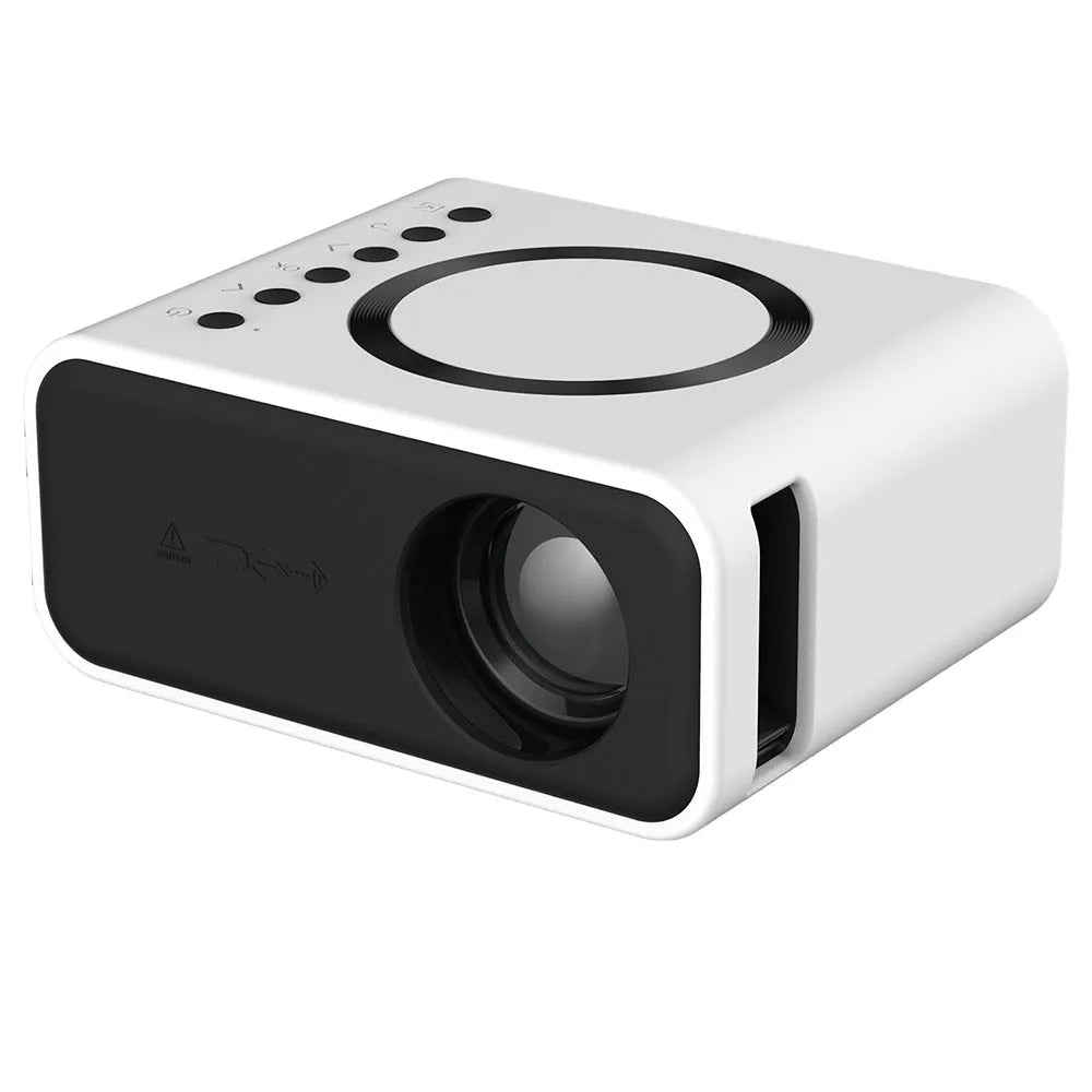 YT300 black or white portable mini projector with remote control on a table