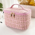 Large capacity plaid polyester makeup bag 21 x 14 cm in black with zipper closure