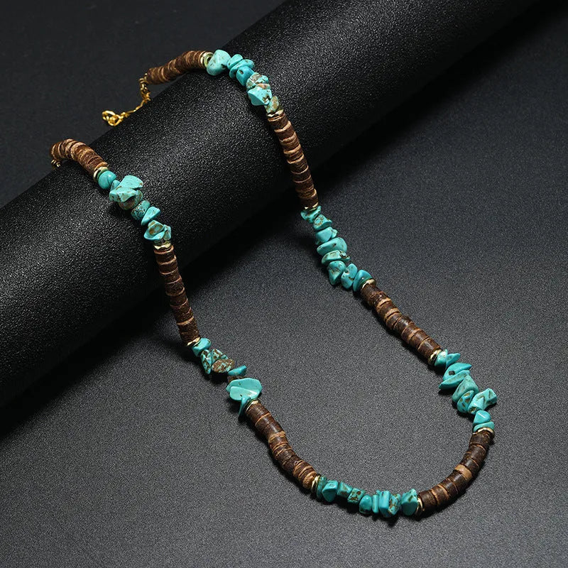 Men's bohemian turquoise coconut shell punk necklace with crystal pendant and beads on adjustable chain