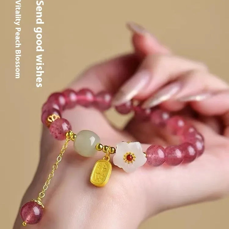 Handcrafted crystal bracelet with Hetian jade, peach blossom stone and strawberry quartz beads in natural design