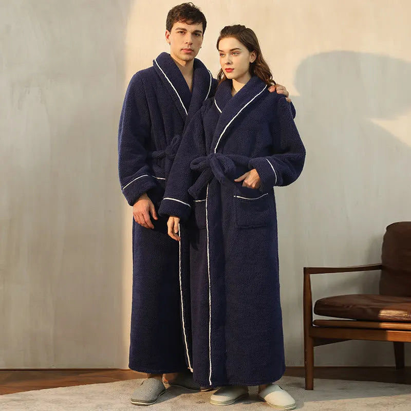 Super thick flannel couple's bathrobe in navy blue, shown on a hanger.