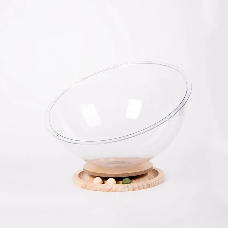 Transparent acrylic space capsule-shaped cat bed on a turntable, showing large size option.