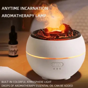 White round flame aroma diffuser humidifier with timer settings on a desk.