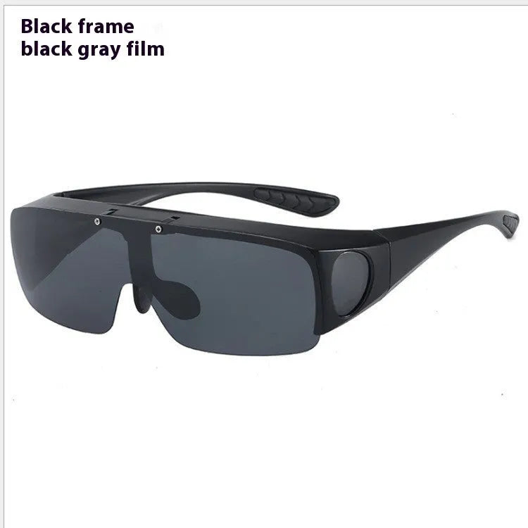 Polarised sports sunglasses with a one-piece lens for myopia, shown in black/grey and dark green colour options.