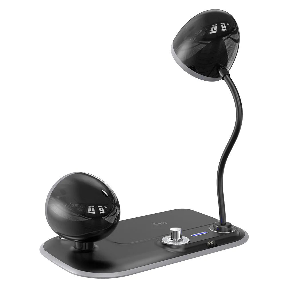 Three-in-one desk lamp with wireless charging pad and clock display in white or black colours