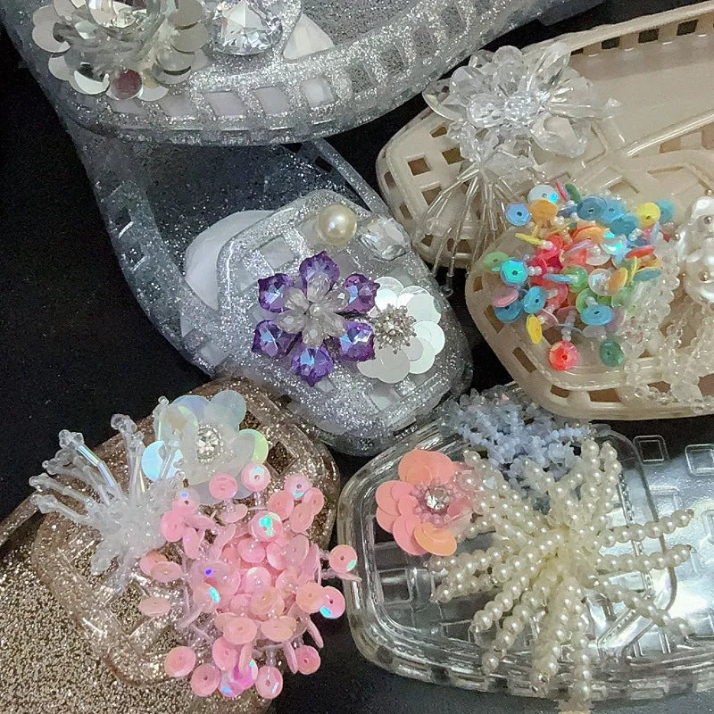 Square toe gel leisure slipper in various colours with transparent and metallic options on a PVC sole.