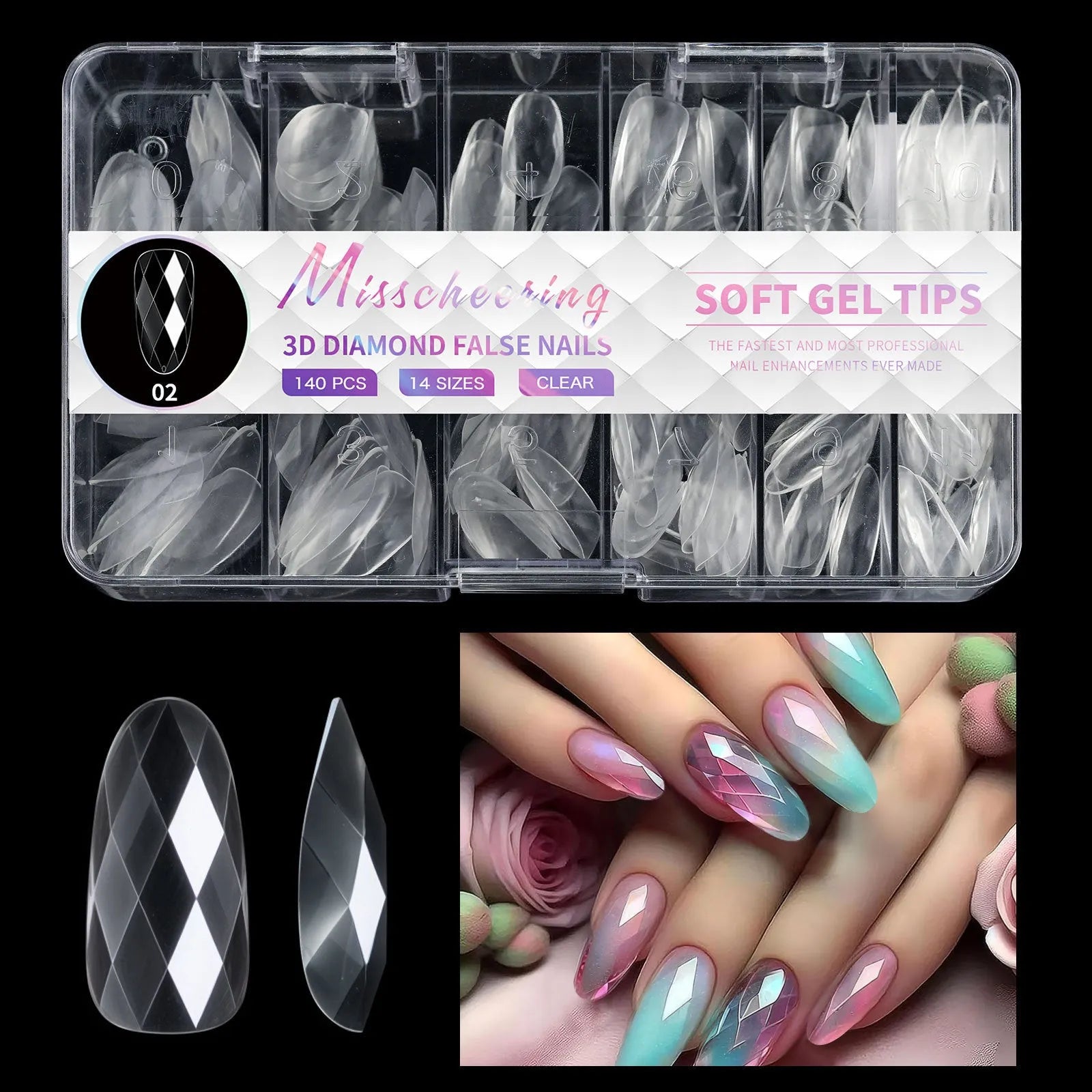 Box of long, shaped false nail tips with glittering diamond texture in various pink and white colours.