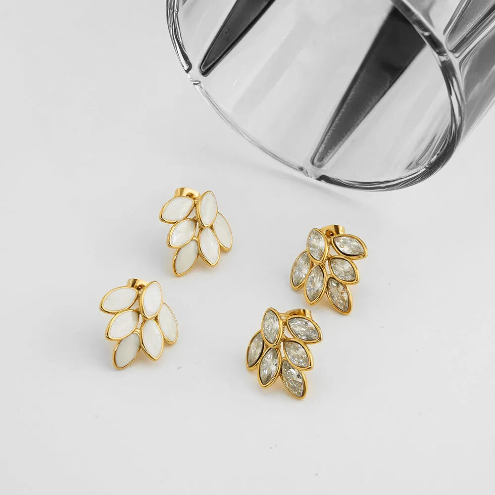 Gold clip-on earrings with full diamond dripping oil 6-leaf design in titanium steel electroplate
