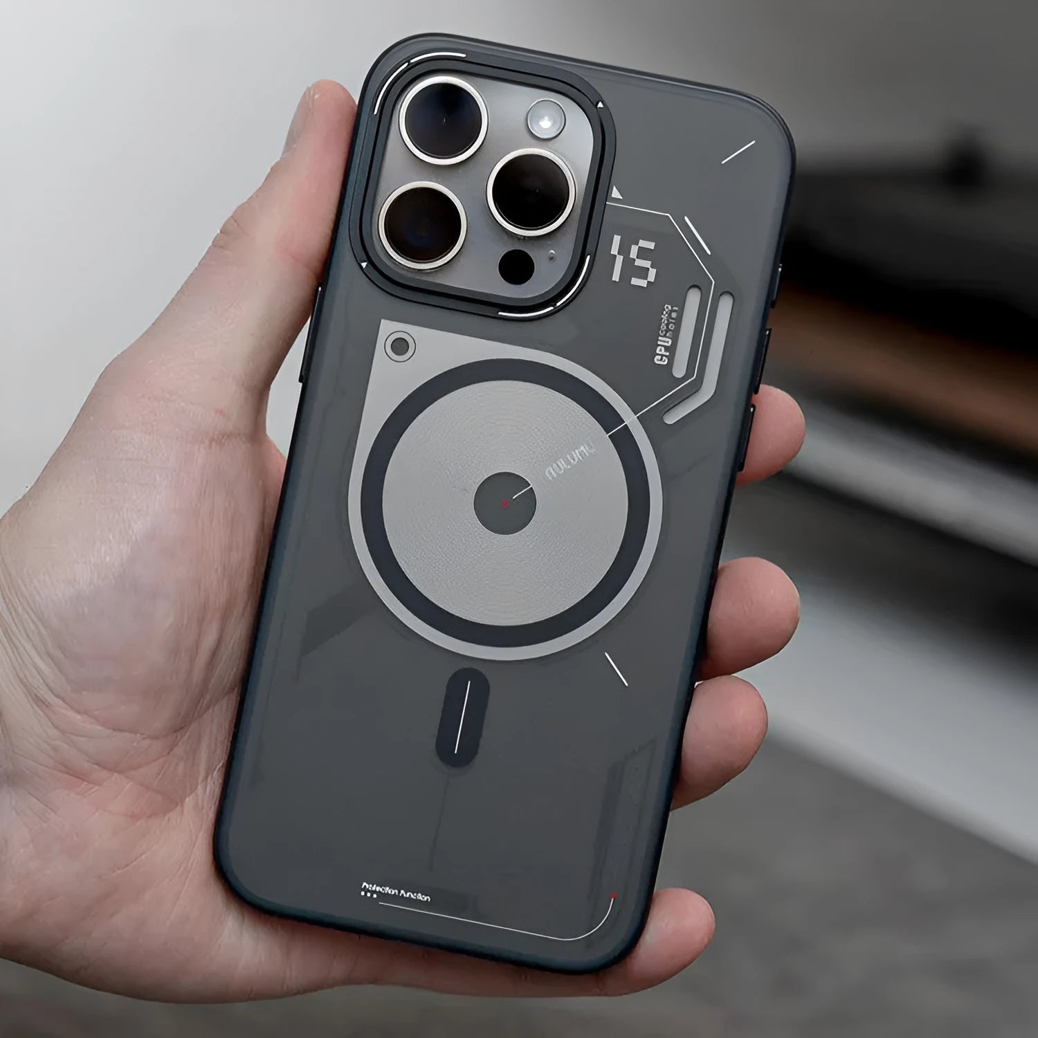 Grey magnetic TPU phone case with cooling window for iPhone 15 Pro and 15 Pro Max