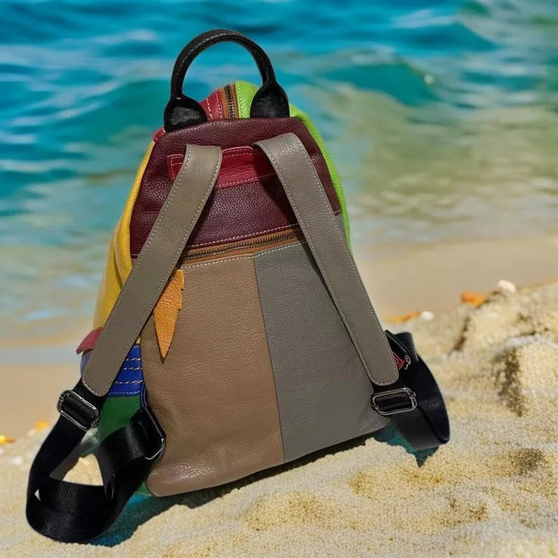 European and American style women's genuine leather backpack with anti-theft lock, colour contrast stitching, and three-dimensional pocket