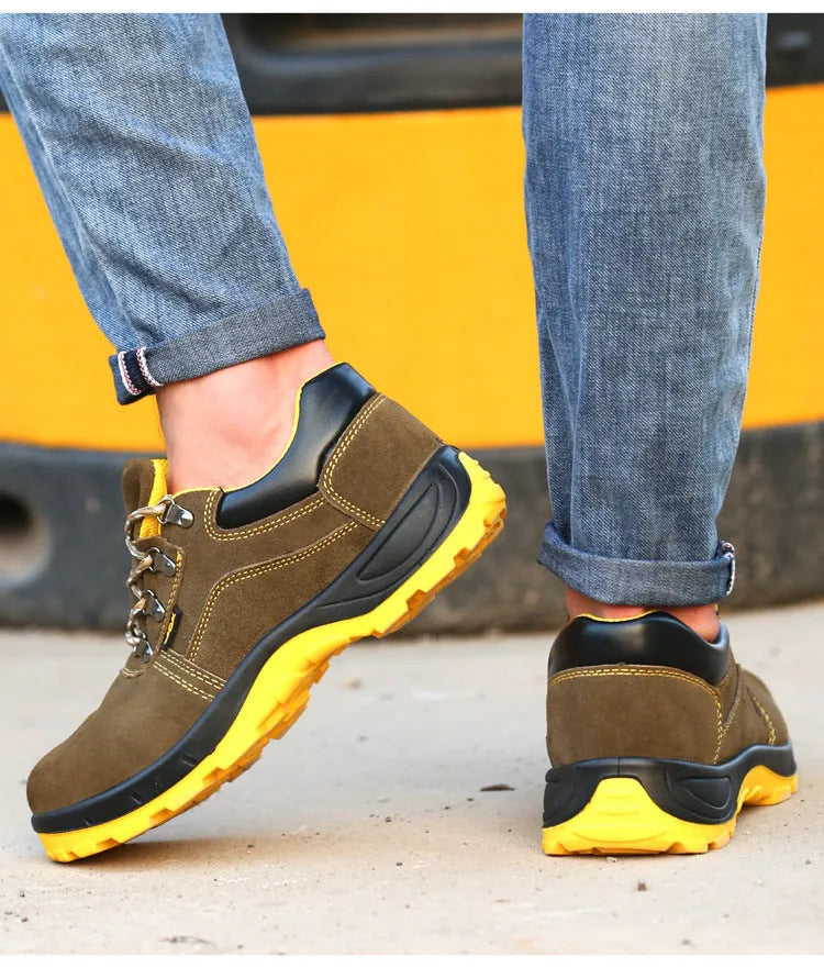 Bronze cow suede steel toe safety shoes with anti-skid sole, low-cut design