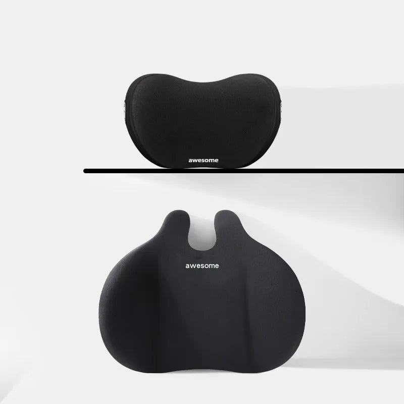 Car headrest and lumbar support pillow set in cloth material, shown in available colours.
