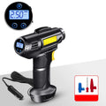 Black wireless electric tire air pump with digital display, showing dimensions and included USB cable and air nozzles.