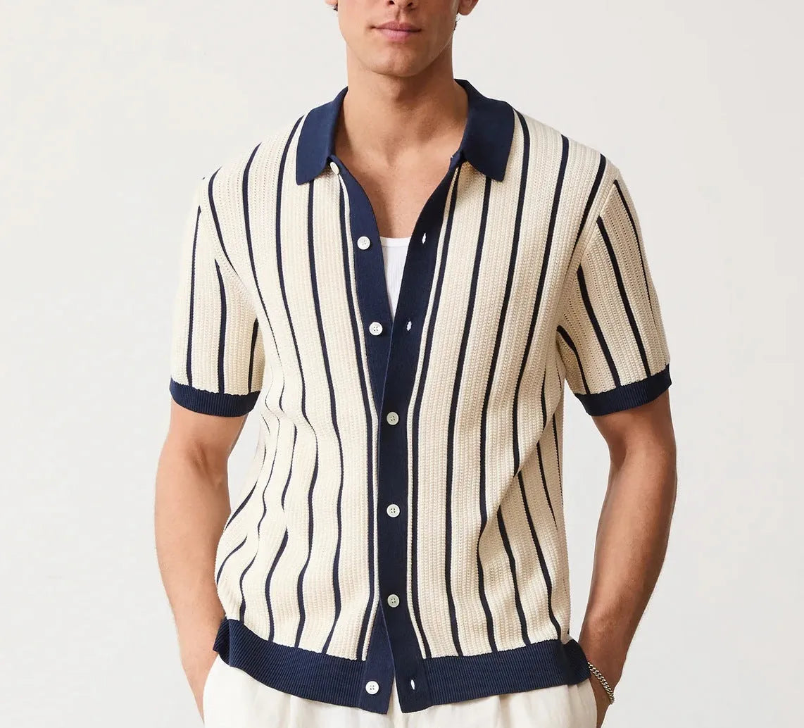 Men's white asymmetric lapel knitted polo shirt in ice silk fabric with spandex