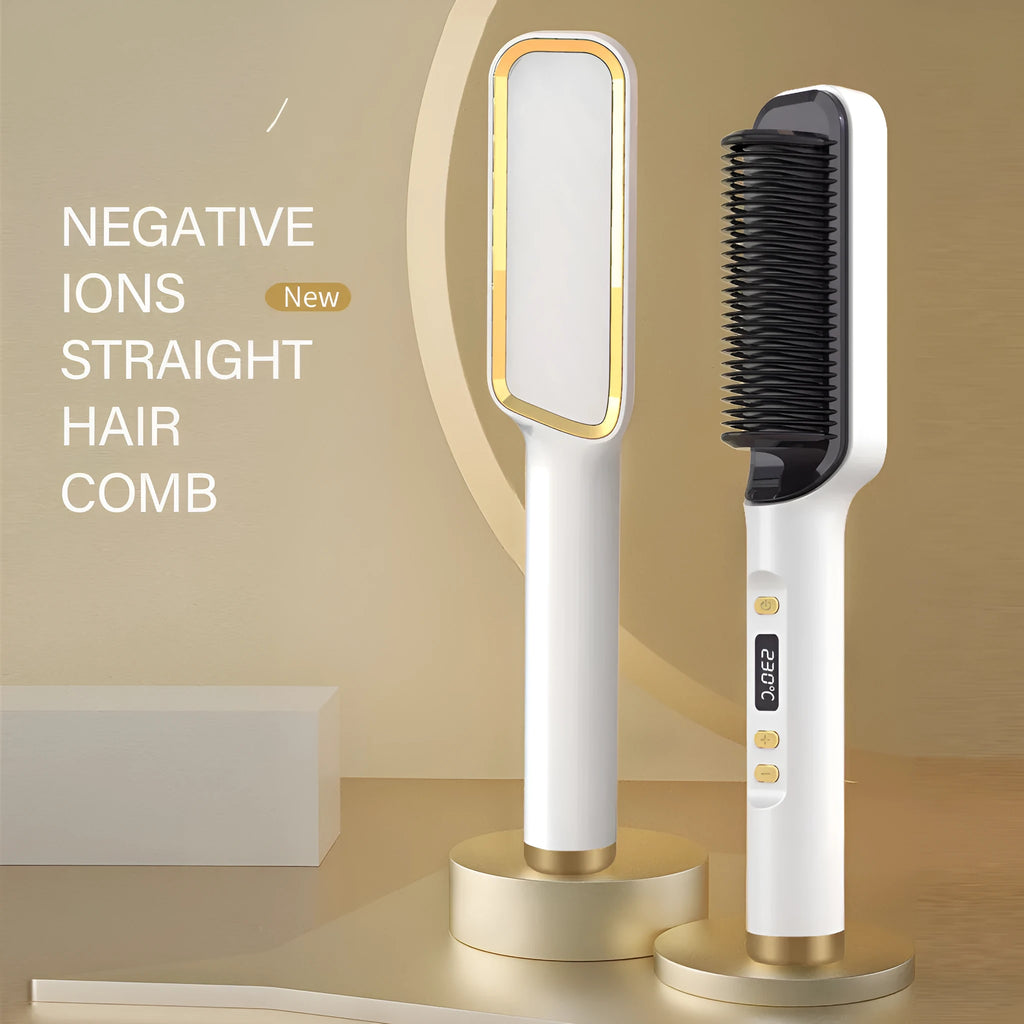 Professional electric hair straightener brush with anti-scalding ceramic curler in gold, 16 heat gears