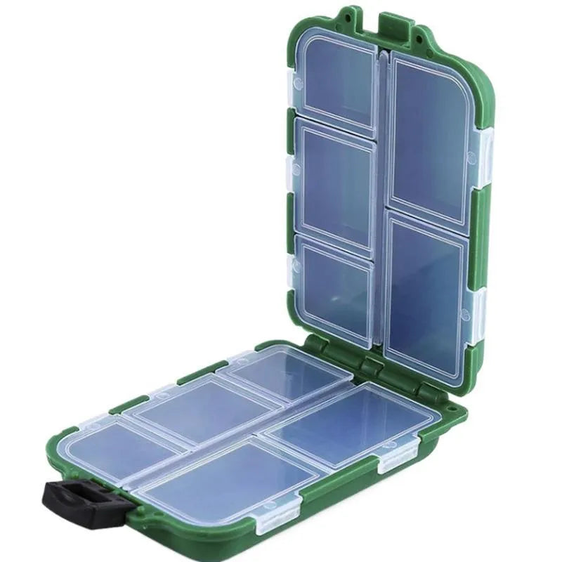 Green PVC fishing lure storage box with transparent lid, closed snap-lock, compact size 9.9x6.5x3cm