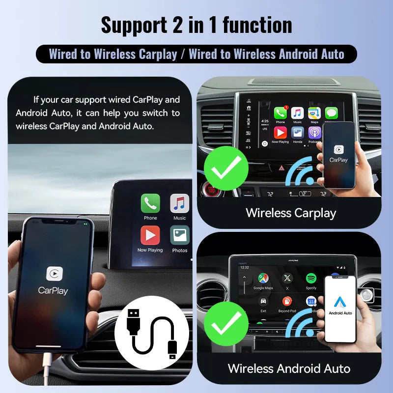 Small black Mini 2-in-1 CarPlay wireless USB adapter showing compact size and USB connector.