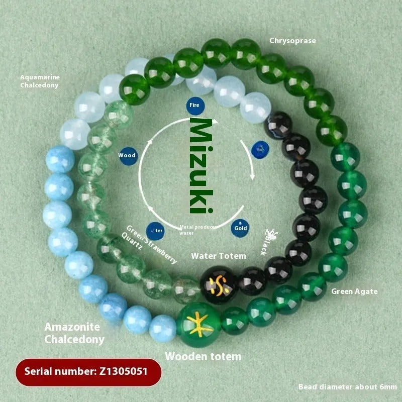 Handmade women's crystal double ring bracelet in five elements colours on a wrist.