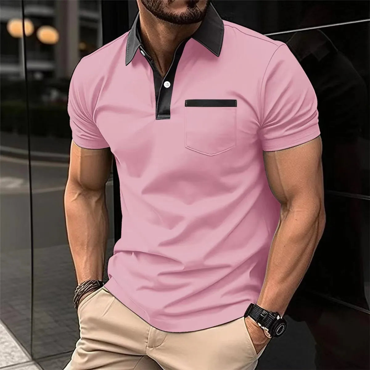 Men's lapel fashion slim pocket short-sleeved polo shirt in grey, cotton blend, loose fit