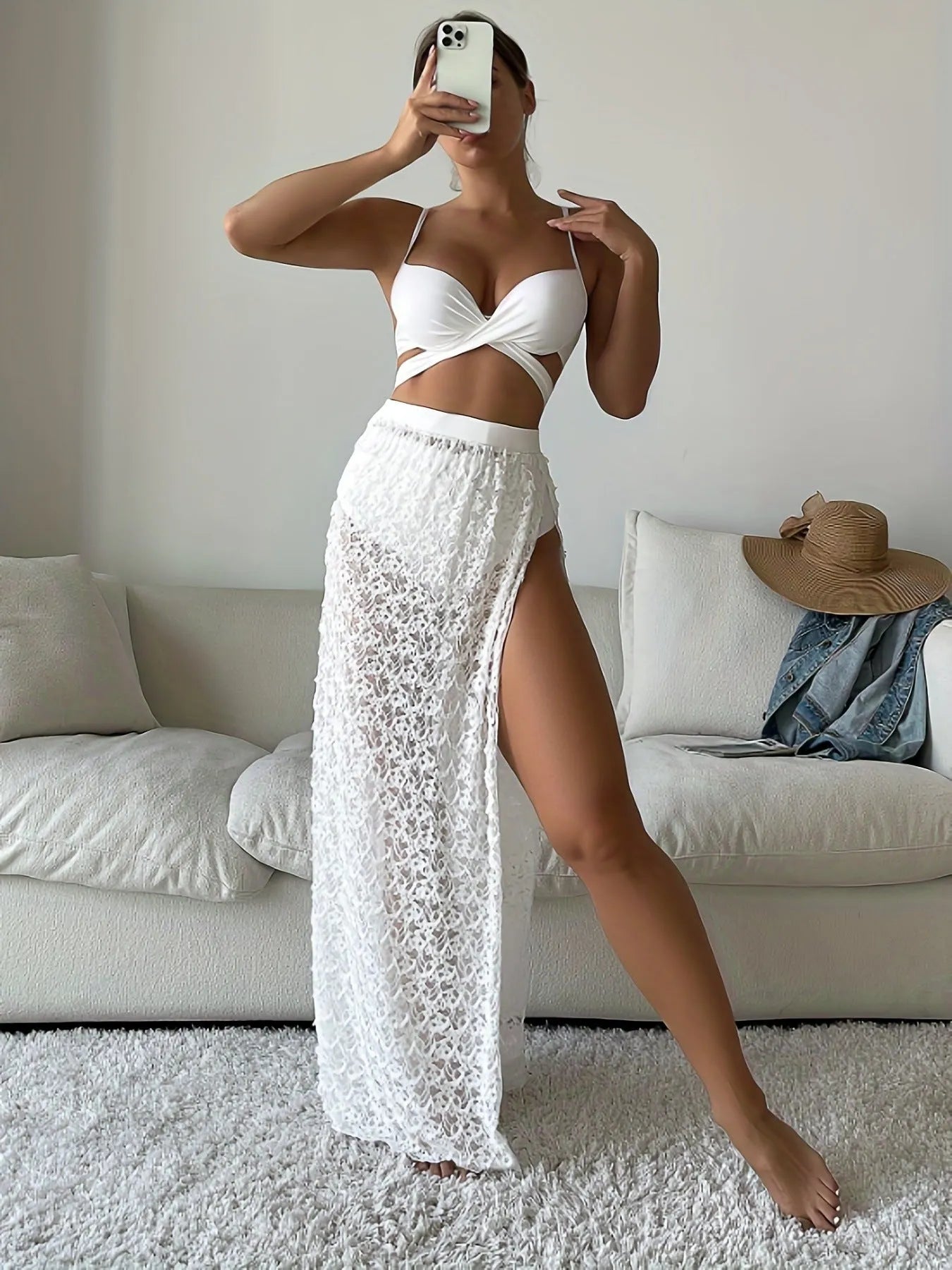 White three-piece swimsuit bikini set with gathered long skirt for swimming